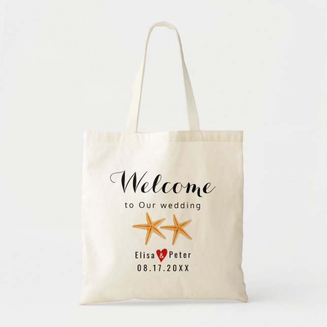 Starfish beach destination wedding script welcome tote bag (Front)