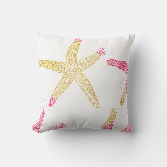 Starfish Beach Hot Pink Glittery Gold White Cute Outdoor Pillow (Front)