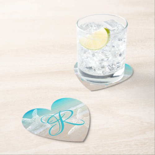 Starfish Beach Monogram Heart Paper Coaster