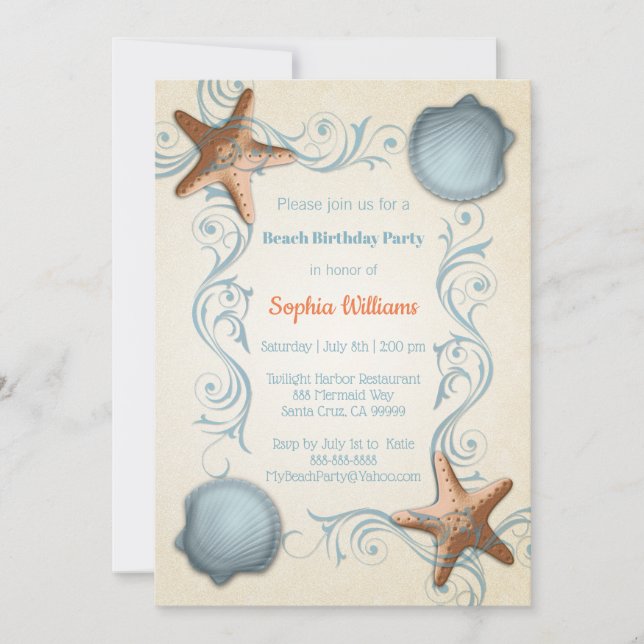 Starfish Beach Party Invitation Card (Front)