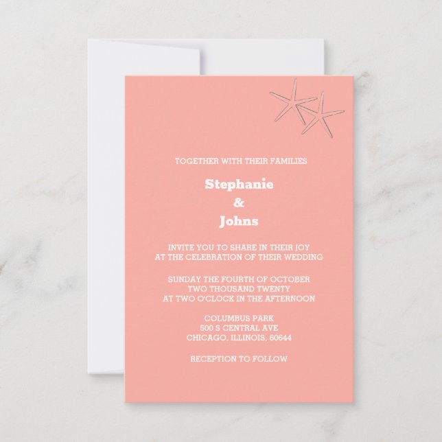 Starfish Beach Salmon Orange Custom Color Wedding Invitation (Front)