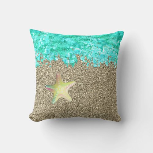 Starfish beach shoreline ocean and sand throw pillow