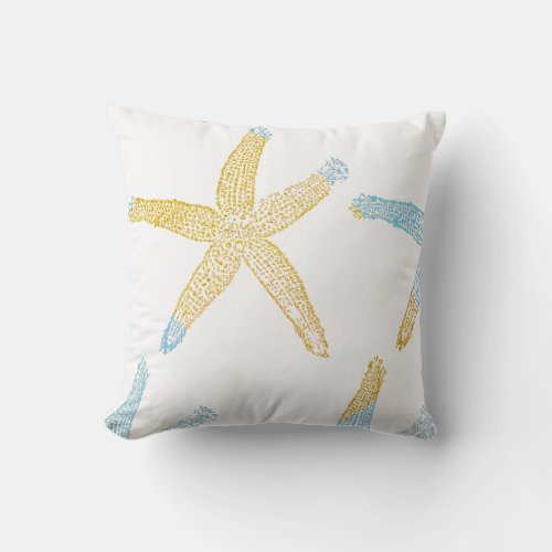 Starfish Beach Sky Blue Glittery Gold White Cute Outdoor Pillow