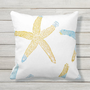 Starfish Beach Sky Blue Glittery Gold White Cute Outdoor Pillow