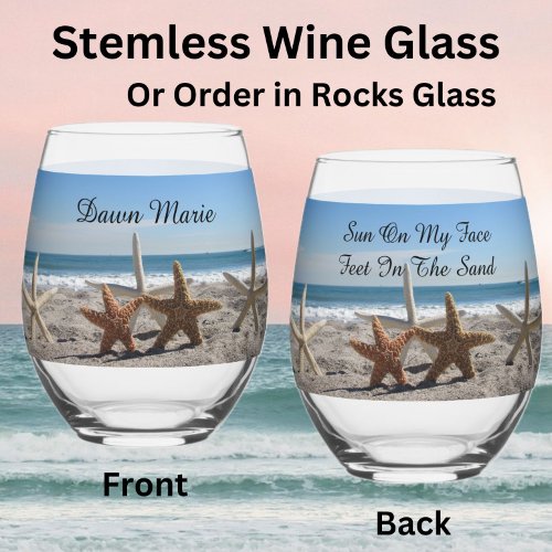 Starfish Beach Stemless Wine Glass or Rocks Glass