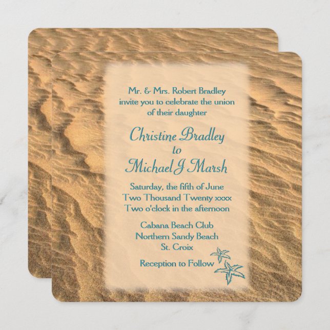 Starfish Beach Teal and Sand Wedding  Invitation (Front/Back)