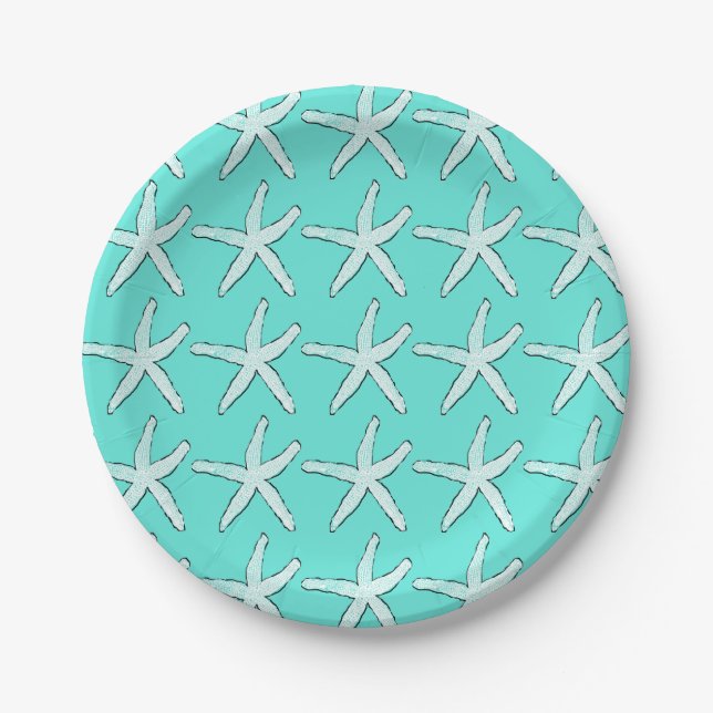 Starfish Beach Teal Blue Baby Showers Birthdays Paper Plates (Front)