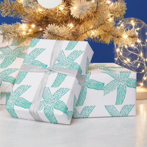 Starfish Beach Teal Blue Green White Christmas Wrapping Paper
