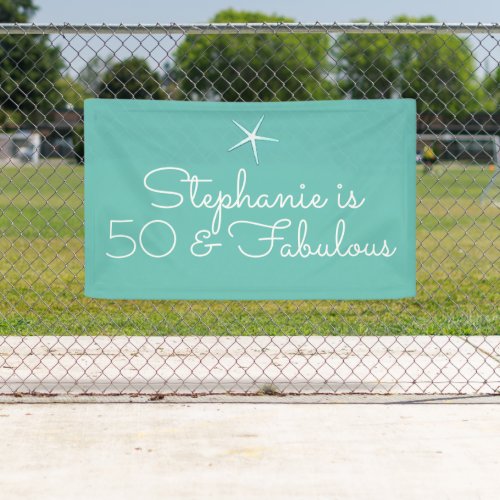 Starfish Beach Teal Blue White 50th Birthday Party Banner