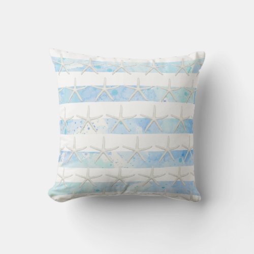 Starfish Beach Watercolor Wash Stripe Blue n White Throw Pillow