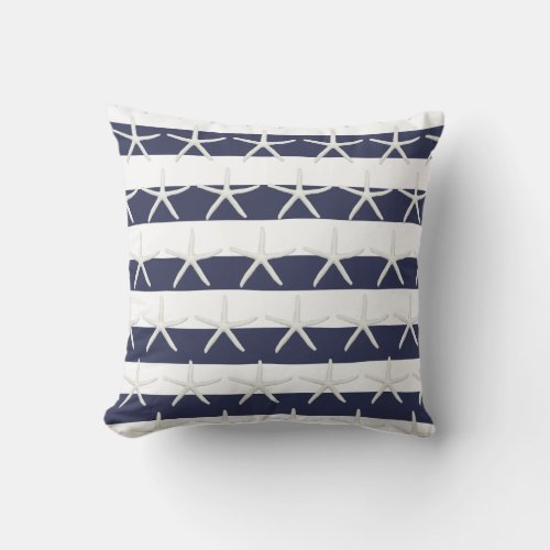 Starfish Beach Watercolor Wash Stripe Navy n White Throw Pillow