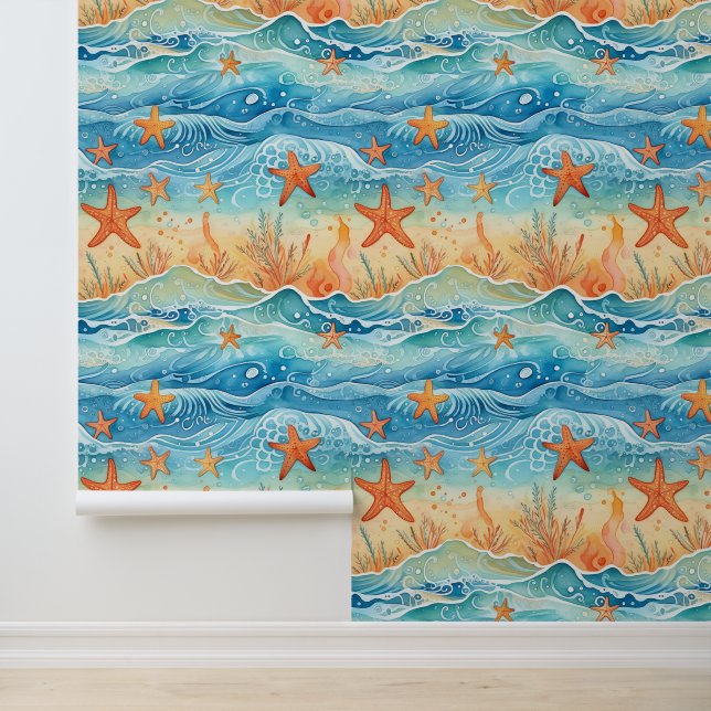 Starfish Beach Waves Ocean Sea Pattern Wallpaper (Application)