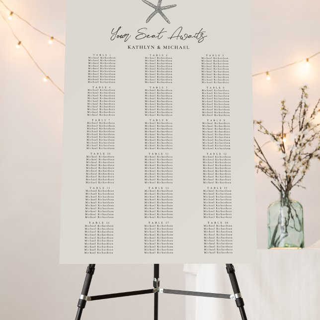 Starfish Beach Wedding 18 Table Seating Chart Foam Board (Creator Uploaded)