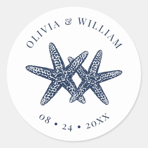 Starfish Beach Wedding Coastal Navy Blue  Classic Round Sticker