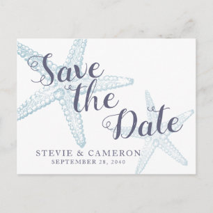 Starfish Beach Wedding Dusty Blue Save the Date Announcement Postcard