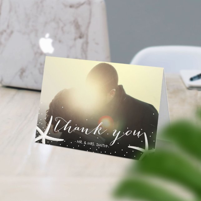 Starfish Beach Wedding Photo Elegant Script Thank You Card (Creator Uploaded)