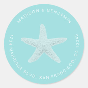 Starfish Beach Wedding Return Address Blue Classic Round Sticker
