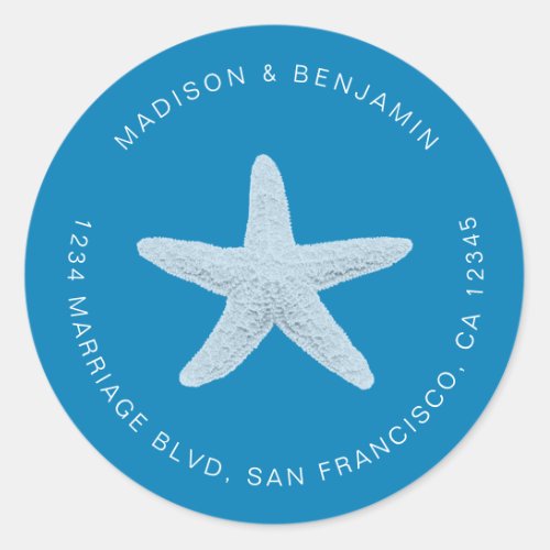 Starfish Beach Wedding Return Address Blue Classic Round Sticker