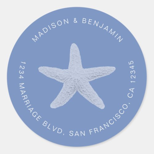Starfish Beach Wedding Return Address Blue Classic Round Sticker