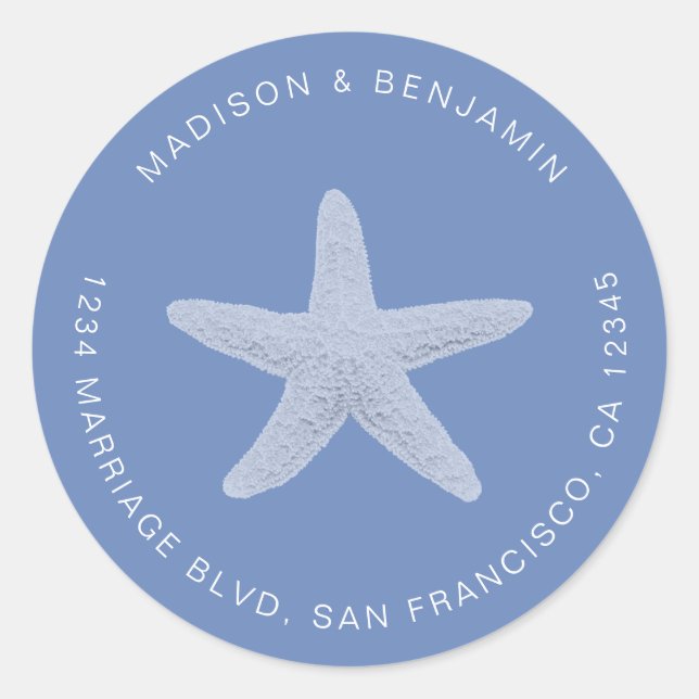 Starfish Beach Wedding Return Address Blue Classic Round Sticker (Front)