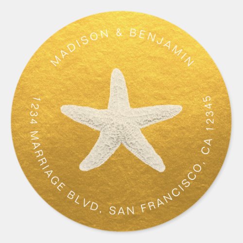 Starfish Beach Wedding Return Address Gold Classic Round Sticker