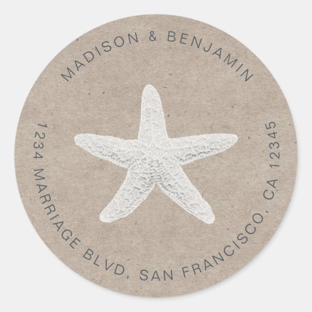 Starfish Beach Wedding Return Address Kraft Classic Round Sticker (Front)