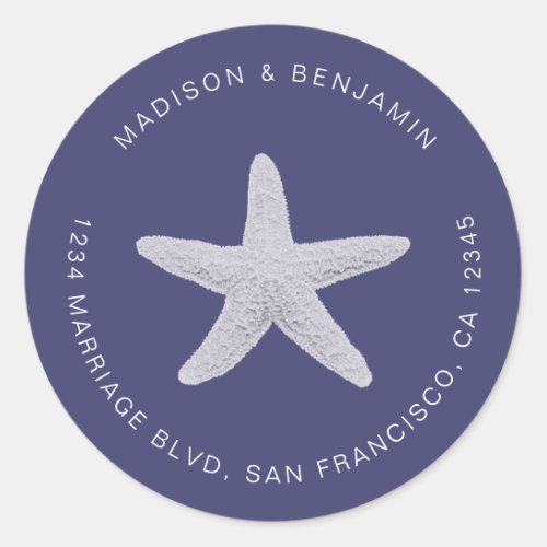 Starfish Beach Wedding Return Address Navy Blue Classic Round Sticker