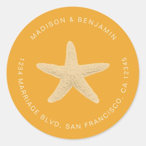 Starfish Beach Wedding Return Address Yellow Classic Round Sticker