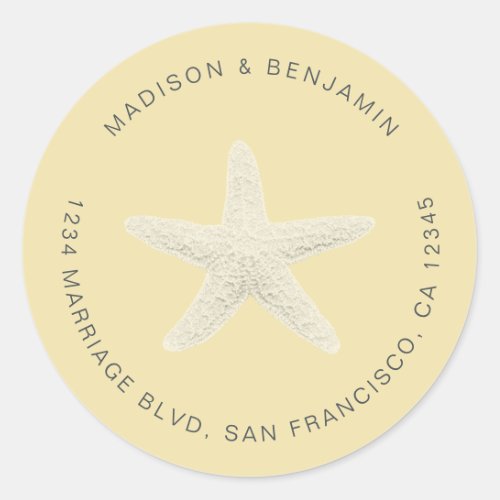 Starfish Beach Wedding Return Address Yellow Classic Round Sticker