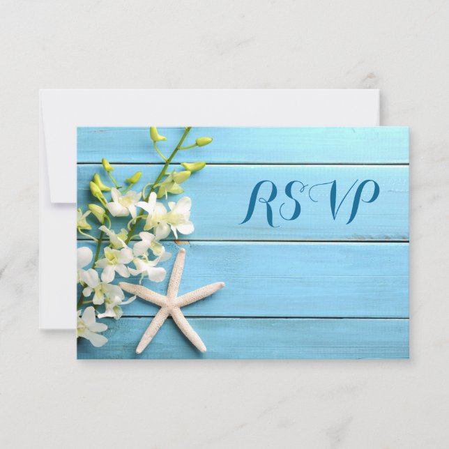 Starfish Beach Wedding RSVP Cards With Orchids (Front)