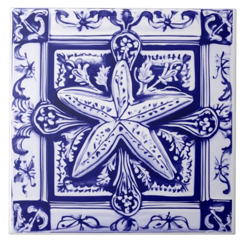 Starfish Blue and White Sea Star Ocean Beach House Ceramic Tile