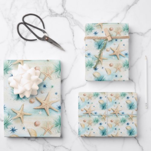 Starfish blue beige green watercolor seamless  wrapping paper sheets