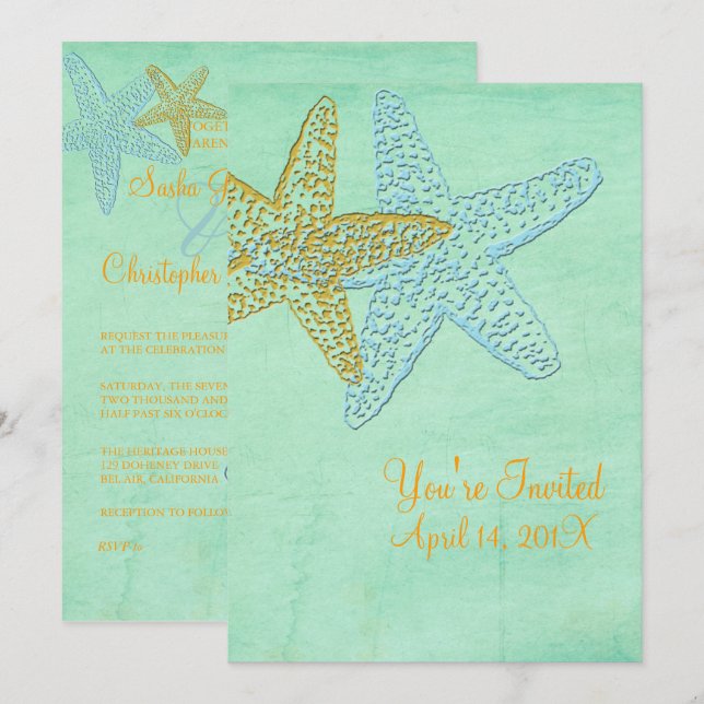 STARFISH/BLUE/GOLD/BEACH WEDDING INVITATION (Front/Back)