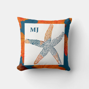 Starfish Blue Orange Fall Leaf Monogram Initials Throw Pillow