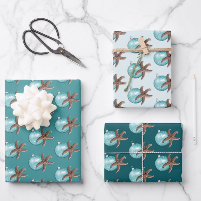 Starfish Blue Ornament Teal Christmas  Wrapping Paper Sheets (Front)