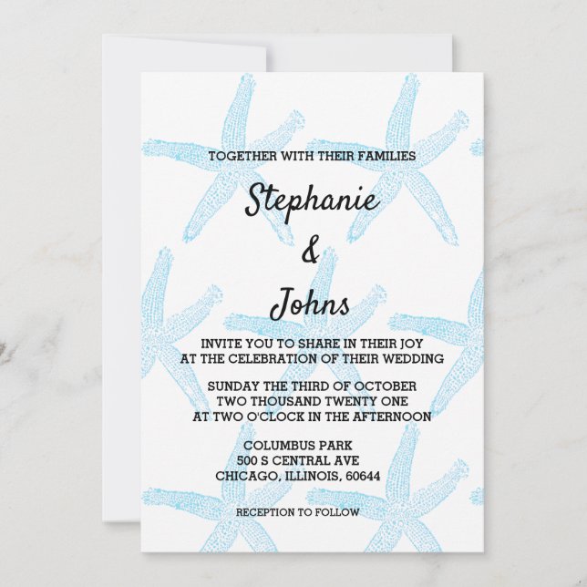 Starfish Blue Pattern White Beach Nautical Wedding Invitation (Front)