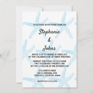Starfish Blue Pattern White Beach Nautical Wedding Invitation