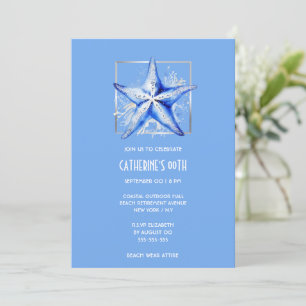 Starfish blue silver white beach theme birthday invitation