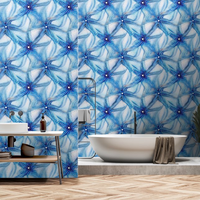 Starfish blue watercolor seamless pattern beach wallpaper  (Bathroom)