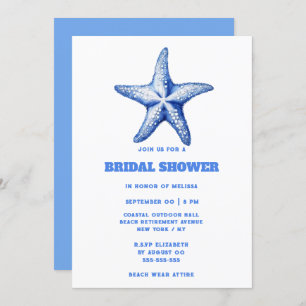 Starfish blue white beach bridal shower invitation