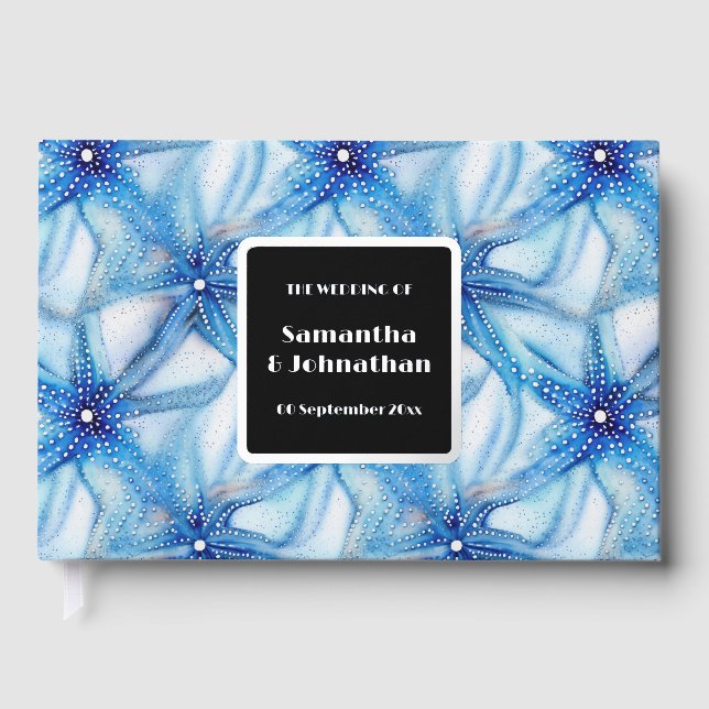 Starfish blue white beach coastal destination foil guest book  (Front)