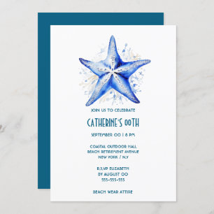 Starfish blue white beach theme birthday invitation