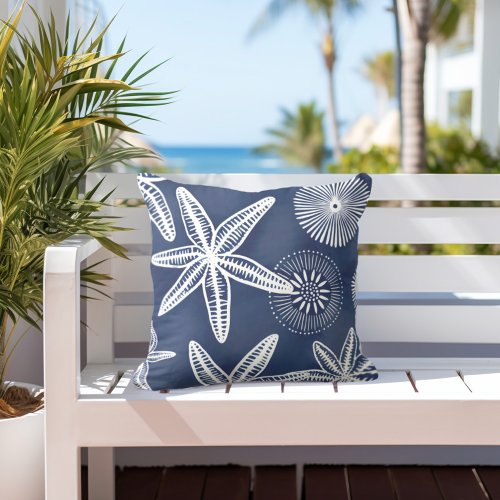 Starfish Blue White Outdoor Pillow