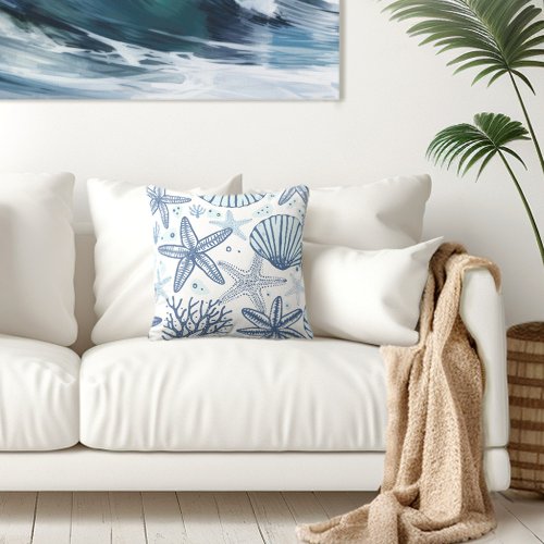 Starfish Blue White Throw Pillow