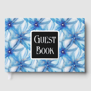 Starfish blue white watercolor beach pattern foil guest book 