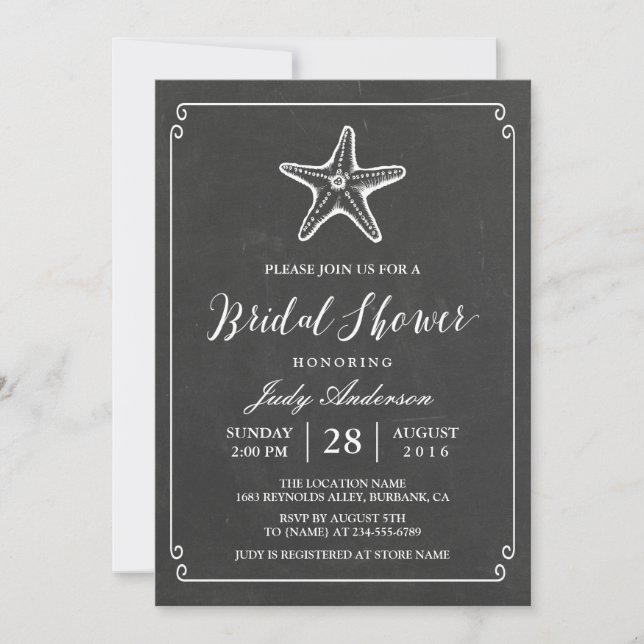 Starfish Bridal Shower | Elegant Chalkboard Look Invitation (Front)