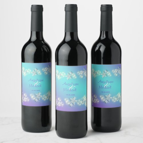 Starfish bubbles blue purple white beach wedding wine label