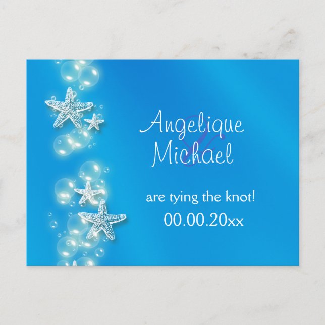 Starfish bubbles blue white beach save date announcement postcard (Front)