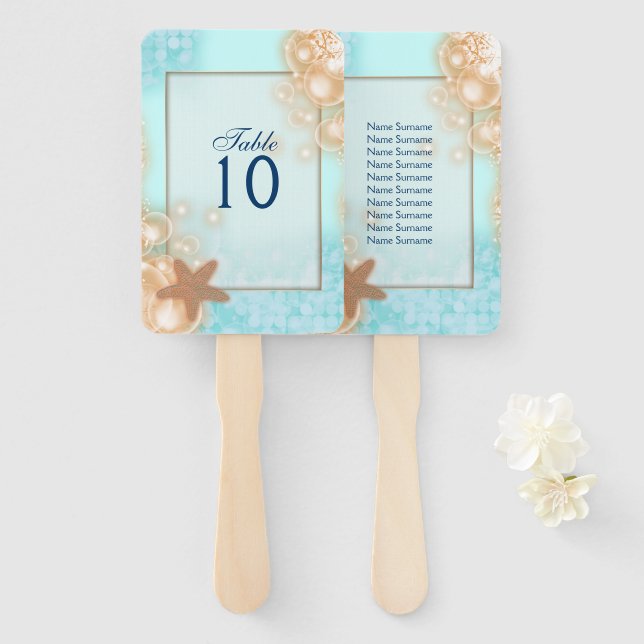 Starfish bubbles hawaii blue orange table seating hand fan (Front and Back)