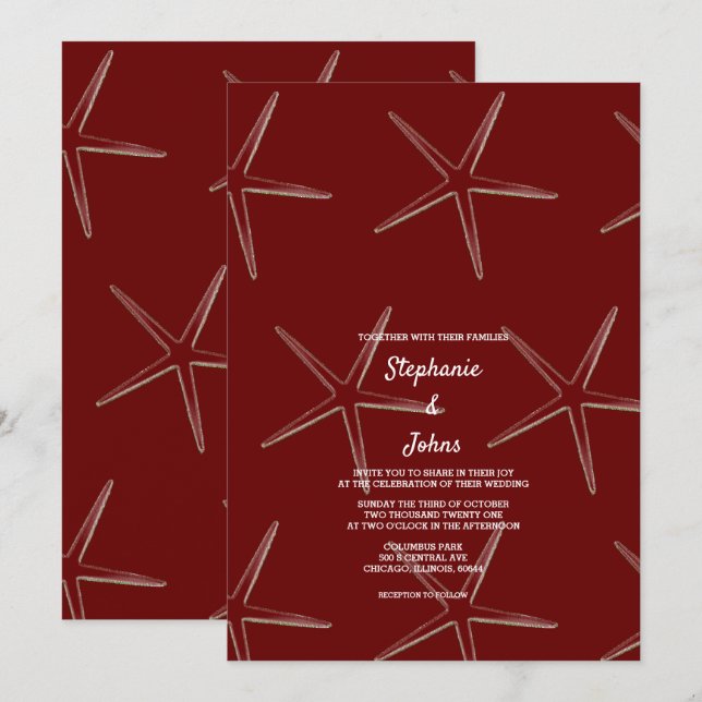 Starfish Burgundy Red Beach Destination Wedding Invitation (Front/Back)
